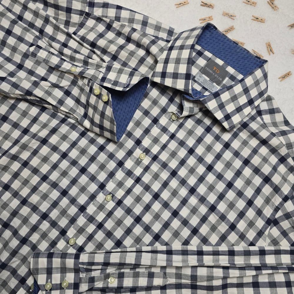 Thomas Dean XXL Mens Long Sleeve Button Up Shirt Blue‎ Checkered